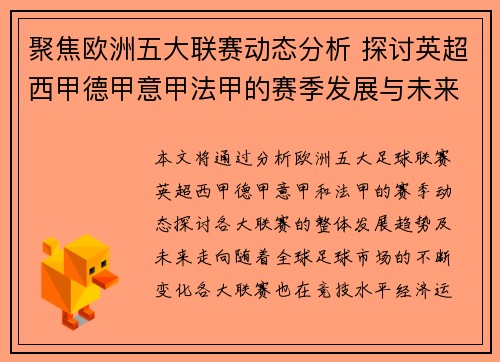 聚焦欧洲五大联赛动态分析 探讨英超西甲德甲意甲法甲的赛季发展与未来趋势