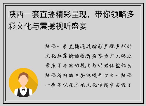 陕西一套直播精彩呈现，带你领略多彩文化与震撼视听盛宴