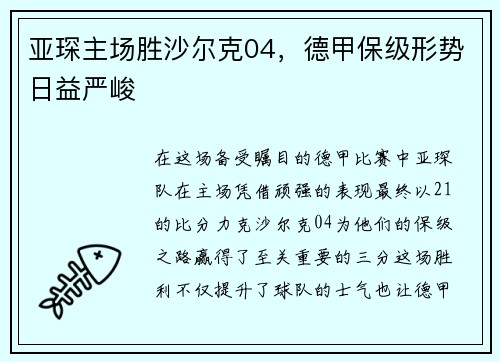 亚琛主场胜沙尔克04，德甲保级形势日益严峻