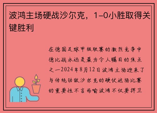 波鸿主场硬战沙尔克，1-0小胜取得关键胜利